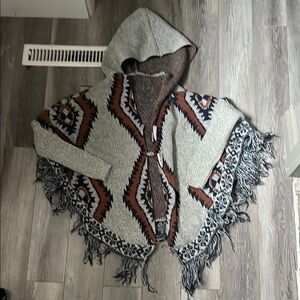 Gray Hooded Poncho with Fringe